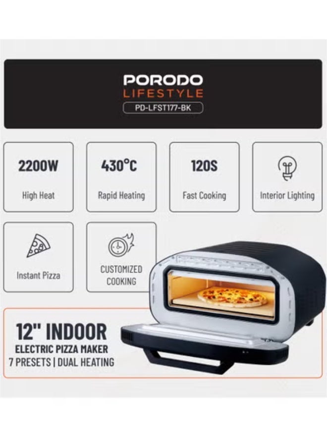 بورودو صانعة بيتزا كهربائية داخلية 12 بوصة، 2200 واط مع 7 إعدادات مسبقة ومؤقت قابل للتعديل / حجر بيتزا 12 بوصة / فرن بيتزا سريع الطهي مع شاشة LED / صانعة بيتزا منزلية لبيتزا سريعة ومقرمشة ومطهوة بالتساوي - أسود - Image 2